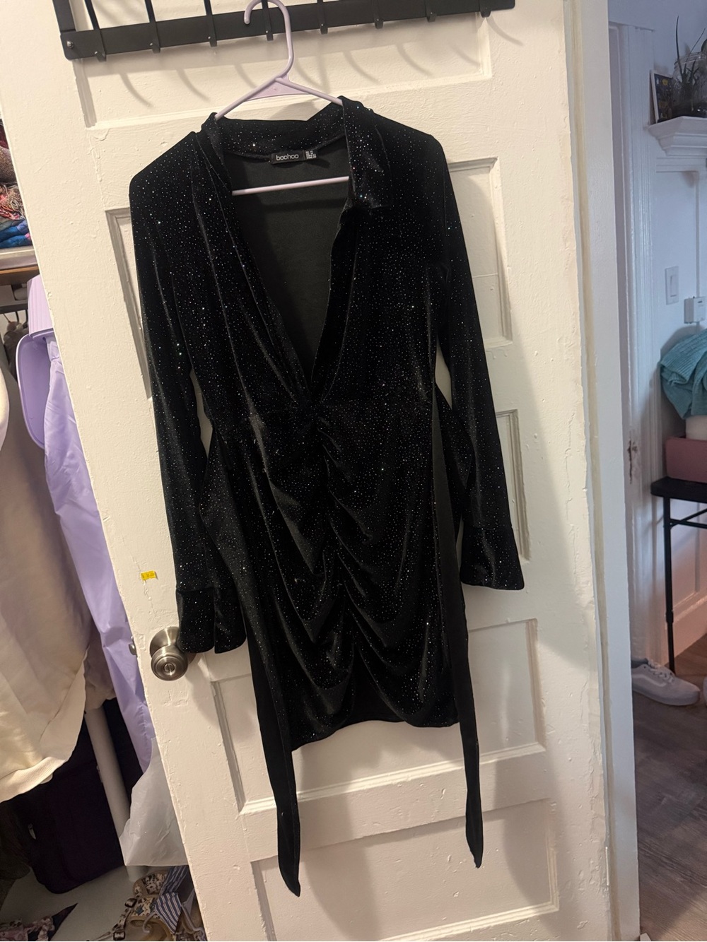 Boohoo Black Sparkle Velvet Wrap-Front Long Sleeve Mini Dress
